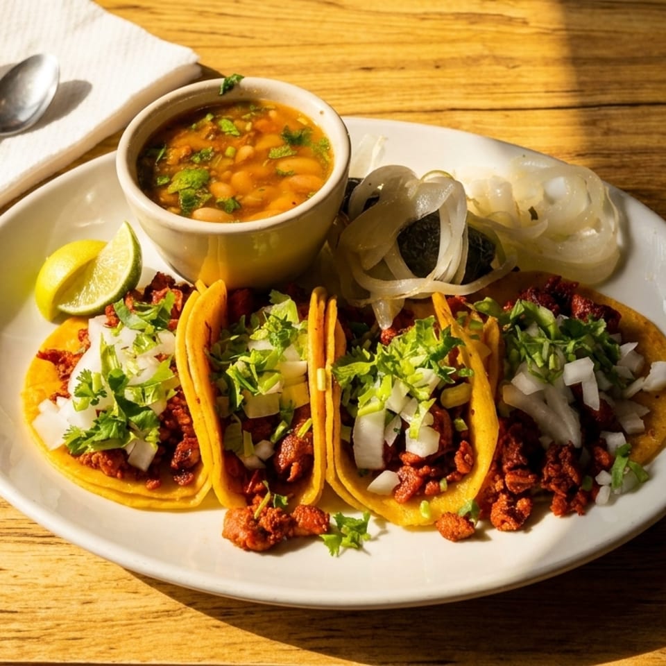 Four tacos with meat, cilantro, and onions, served with a side of beans and pickled onions.