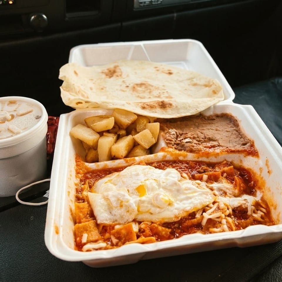 Takeout container with chilaquiles, fried egg, potatoes, refried beans, tortilla, and a drink in a car.