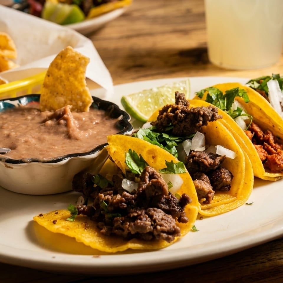 A plate of tacos with various fillings, a side of refried beans, and tortilla chips.