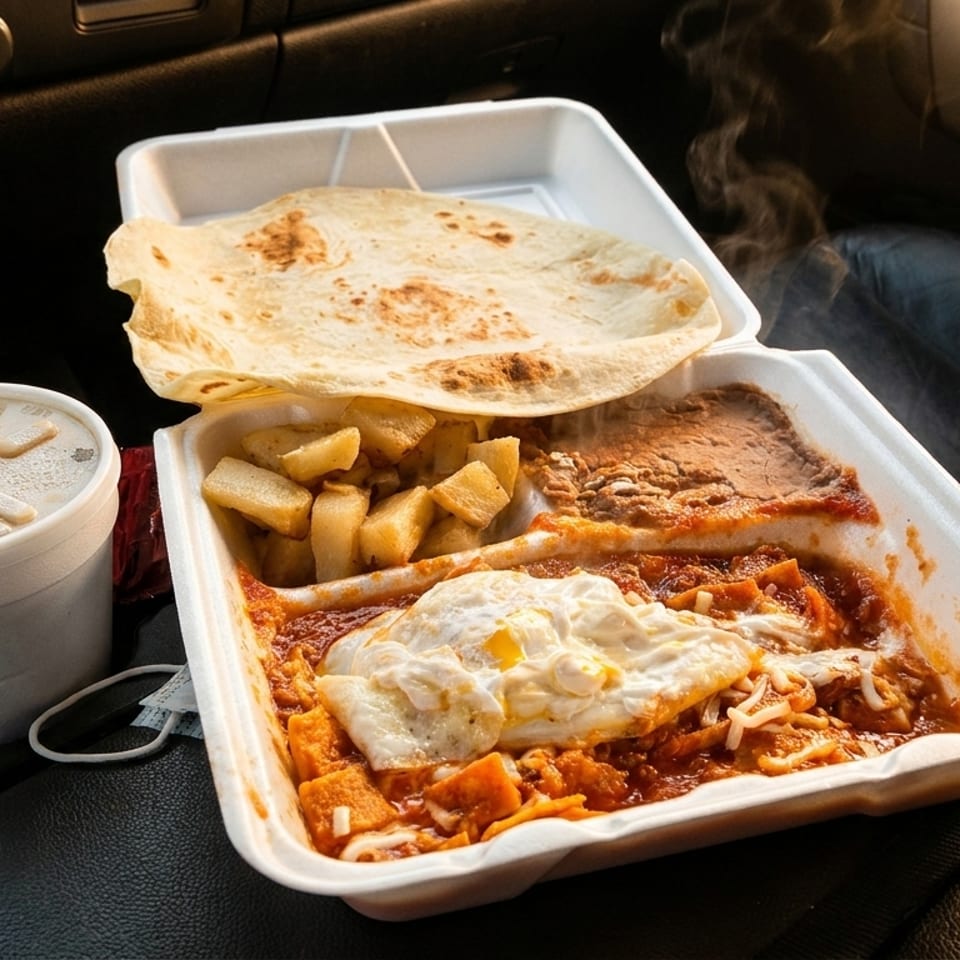Steaming hot chilaquiles with fried eggs, potatoes, steak, and tortillas in a takeout container in a car.