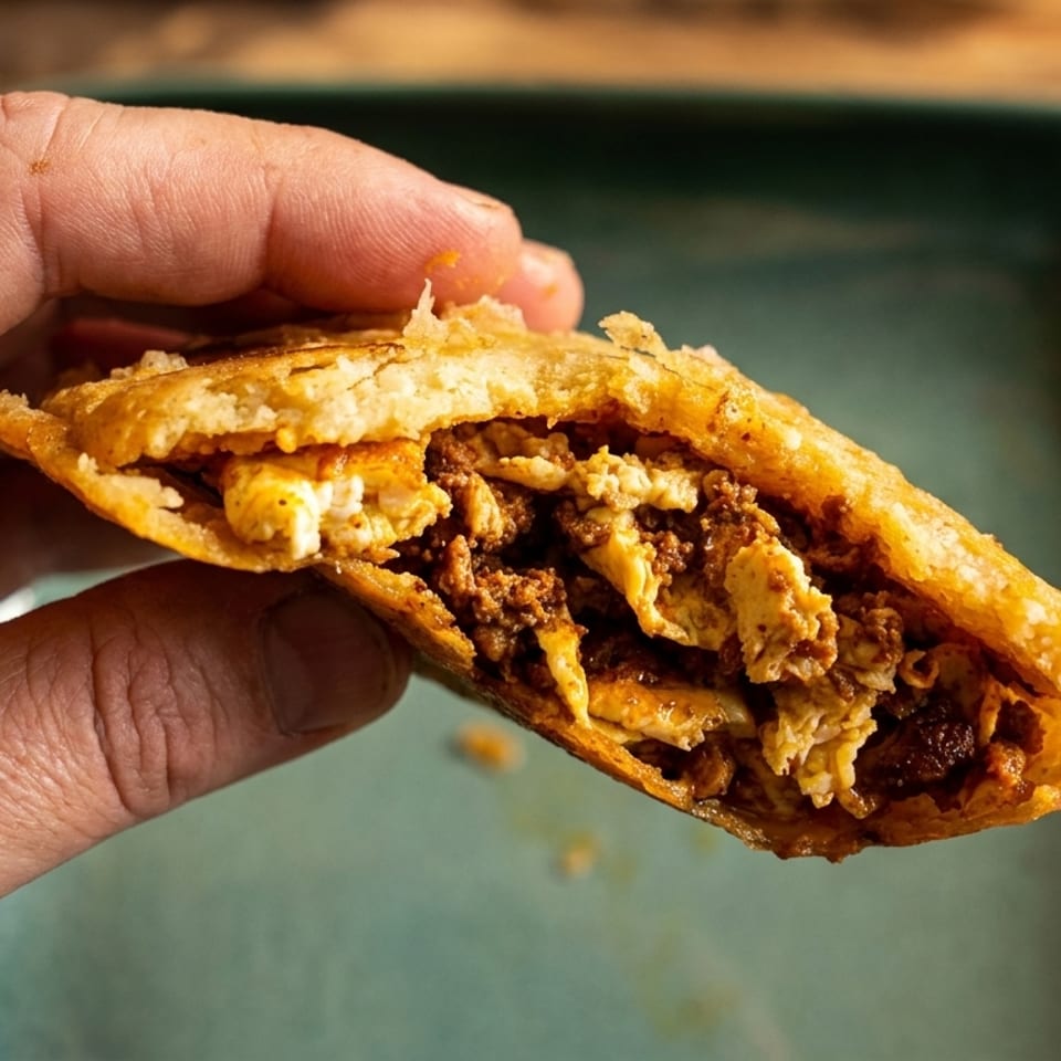 Hand holding a golden-brown, crispy empanada, split open to reveal a savory meat and cheese filling.