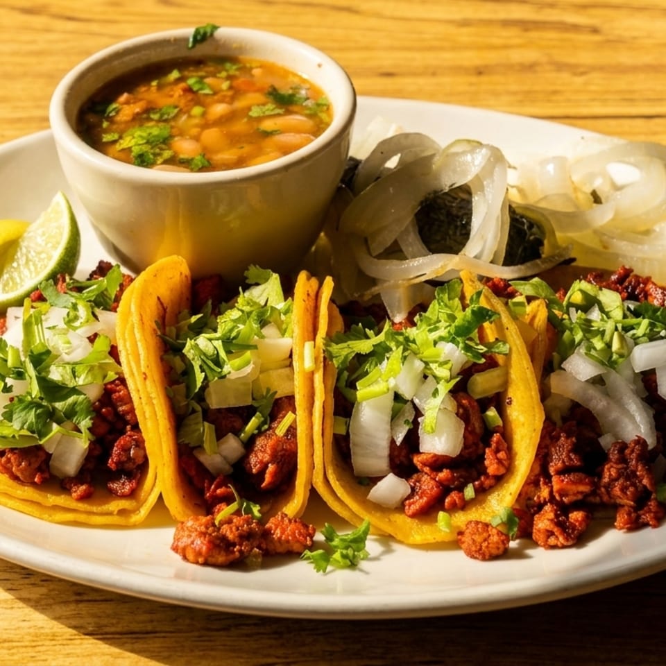 Four tacos al pastor with cilantro, onions, lime, a side of bean soup, and pickled onions.