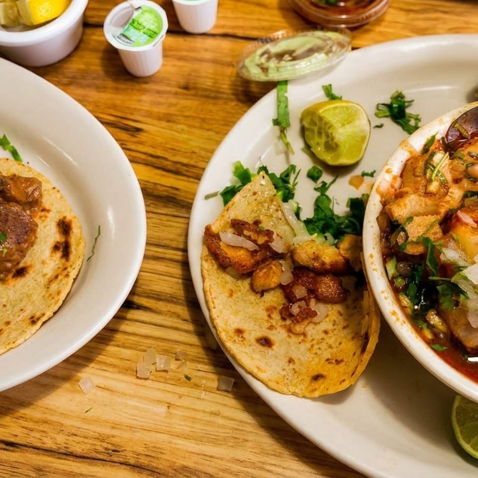 Two plates of tacos and a bowl of menudo soup with limes and condiments on a wooden table.