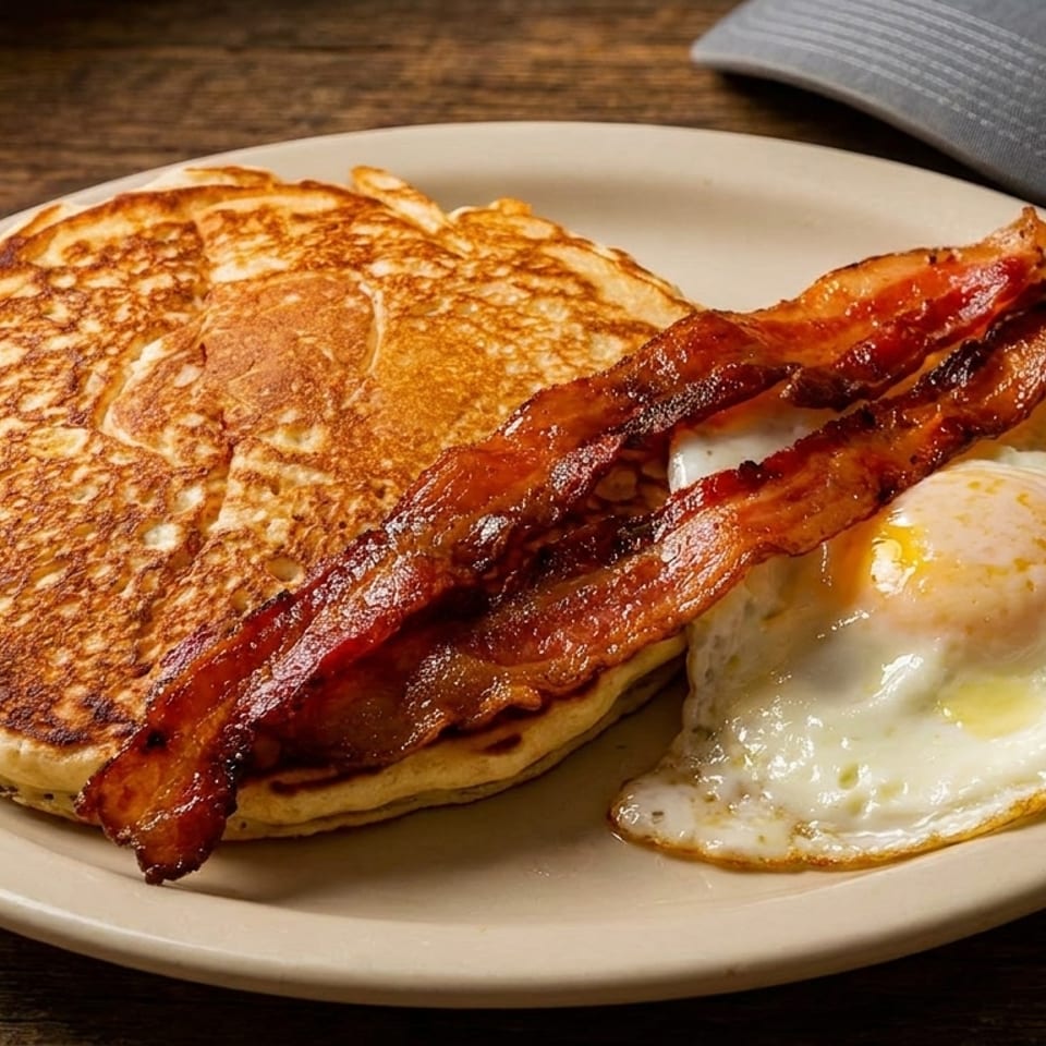 A breakfast plate with golden pancakes, crispy bacon strips, and a perfectly fried egg on a wooden table.