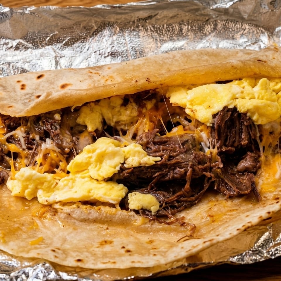Breakfast burrito with scrambled eggs, shredded beef, and melted cheese, partially wrapped in foil.