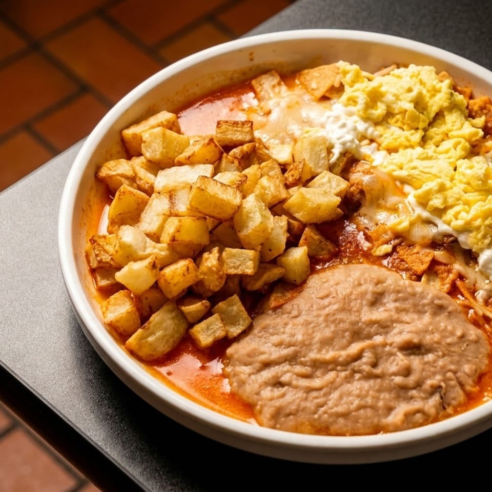 A white bowl filled with chilaquiles, refried beans, diced potatoes, and scrambled eggs.