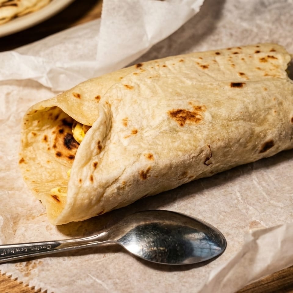 A breakfast burrito wrapped in parchment paper with a spoon on a wooden table.