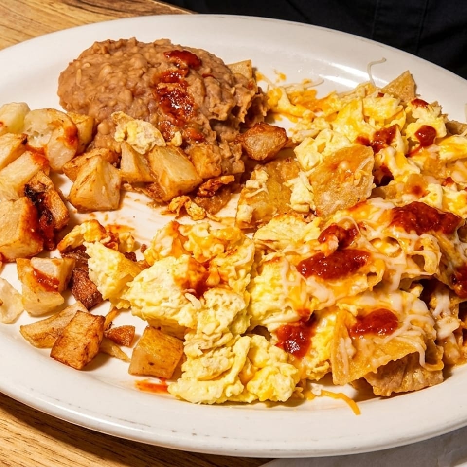 A white plate holds scrambled eggs with cheese and salsa, home fries, and refried beans.