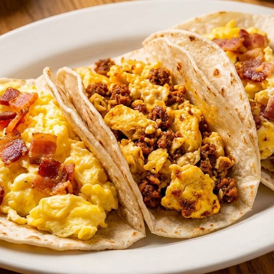 Three breakfast tacos on a white plate, two with scrambled eggs and bacon, one with chorizo and eggs.