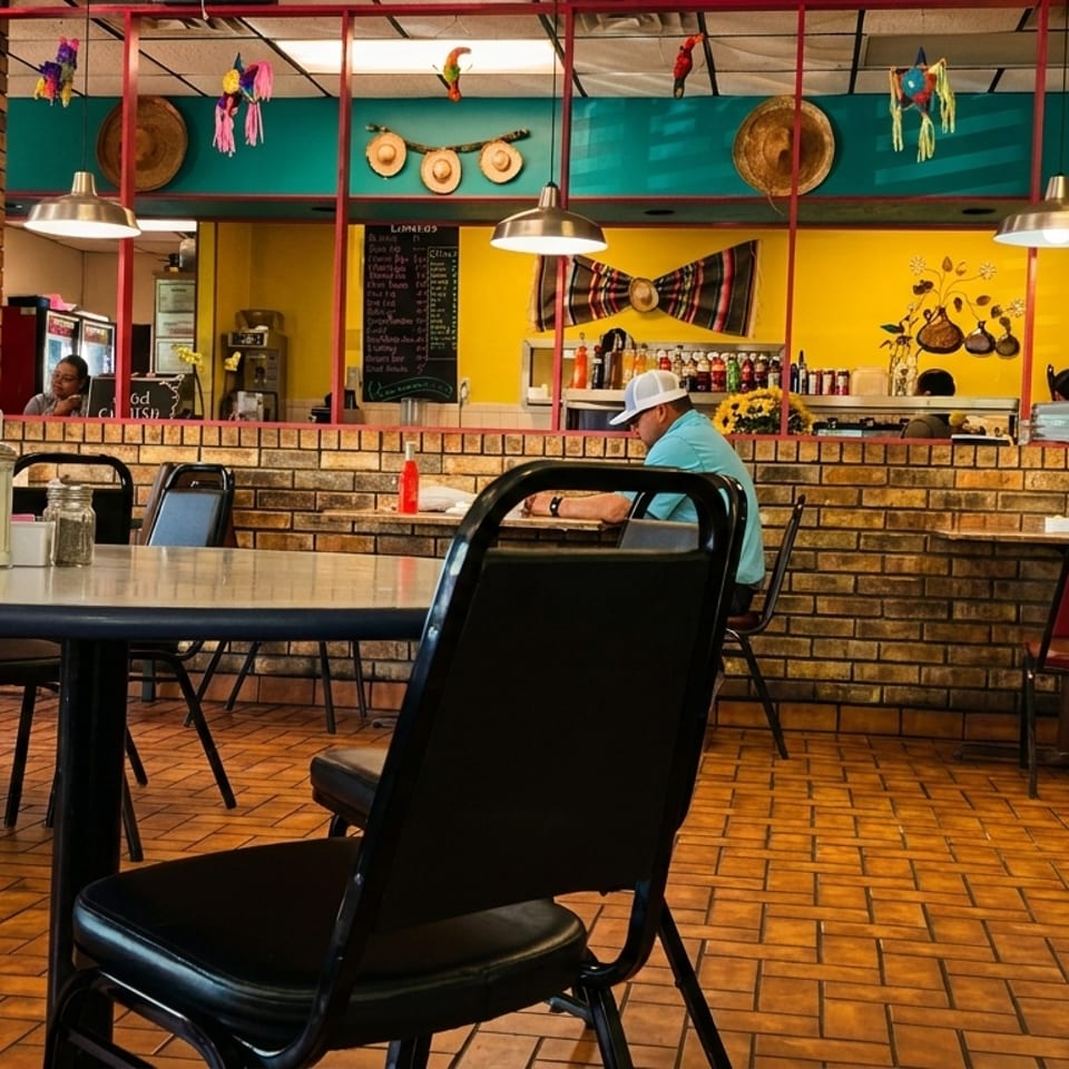 Interior of a vibrant Mexican restaurant with brick walls, yellow accents, and colorful decorations.