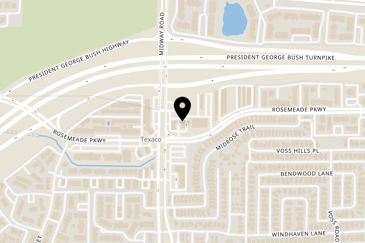 Map showing the location of Montes Burritos Dallas on 19004 Midway Rd Ste A in Dallas
